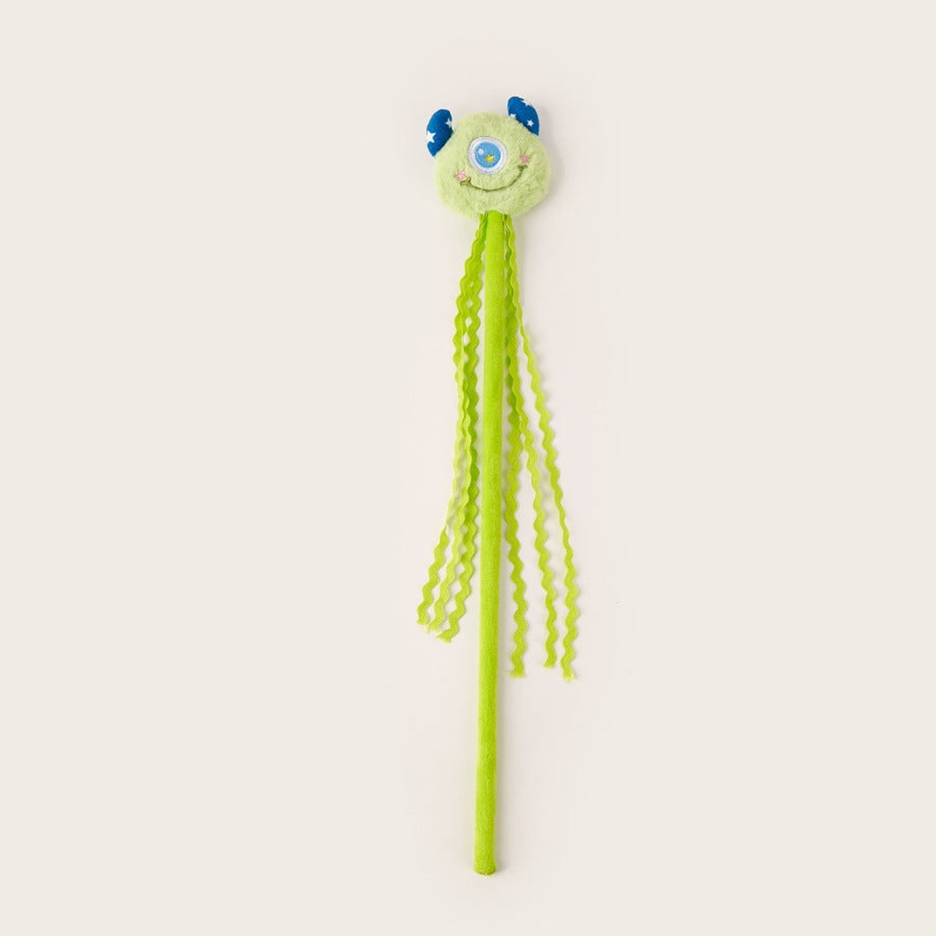 Alien wand cat toy with a one-eyed character topper and wavy streamers
