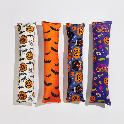 Four Halloween-pattern elongated cat toys displayed together