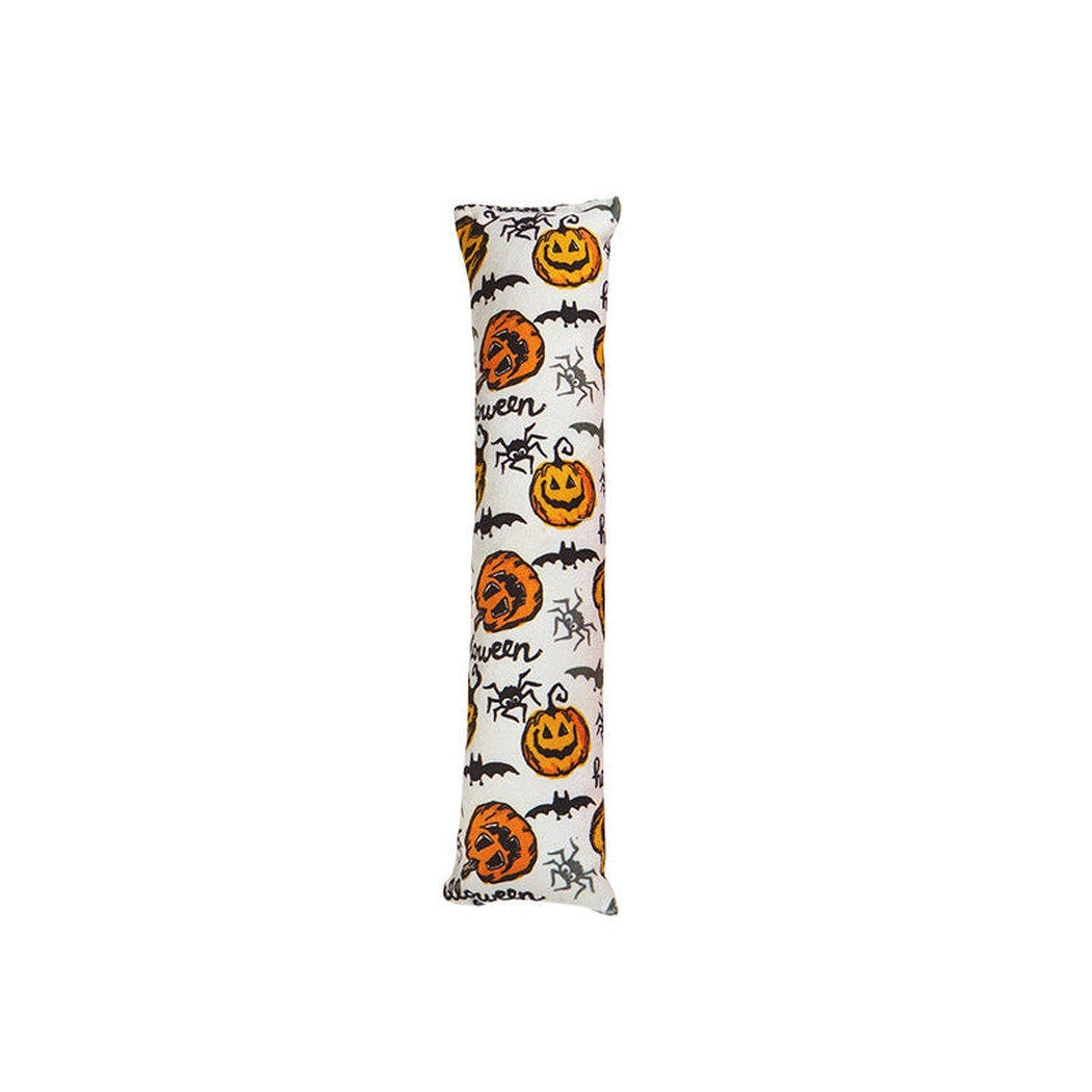 Pumpkin style elongated cat toy with pumpkins, bats and spiders