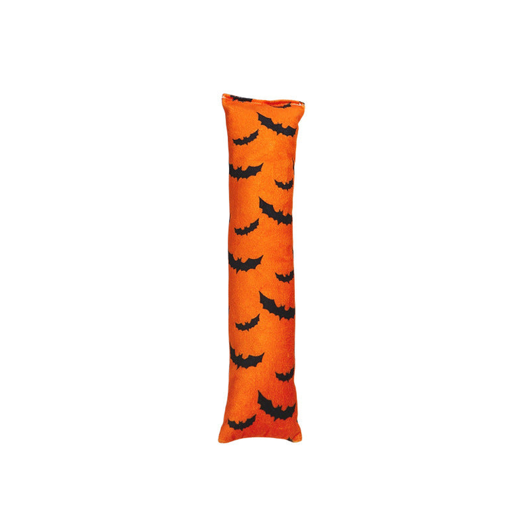 Bat style orange elongated cat toy with black bat print