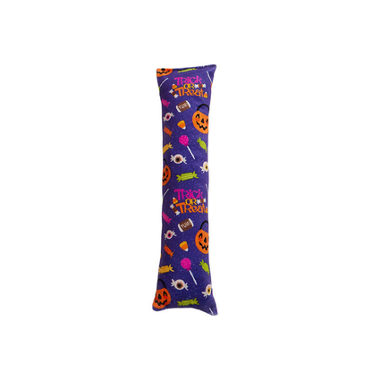 Candy style purple elongated cat toy with Halloween candy and pumpkins