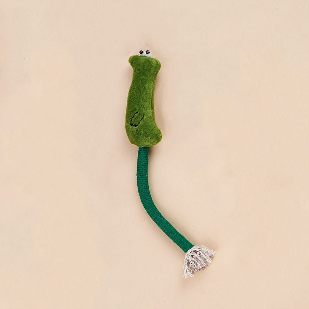 Dinosaur cat toy with green wrapped stem and tassel end