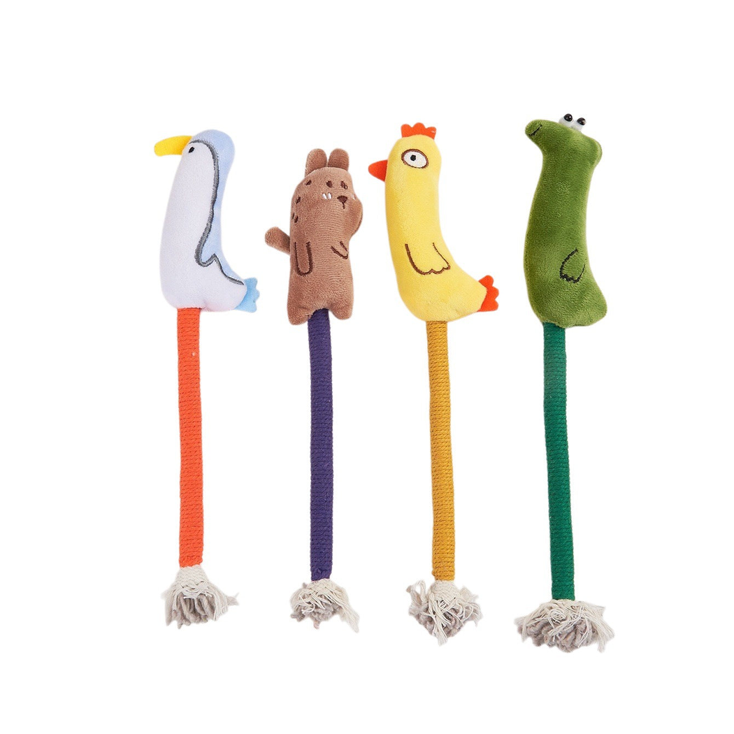 Four animal-character cat toys with wrapped stems and tassel ends