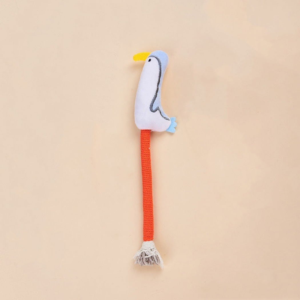 White Duck cat toy with orange wrapped stem and tassel end
