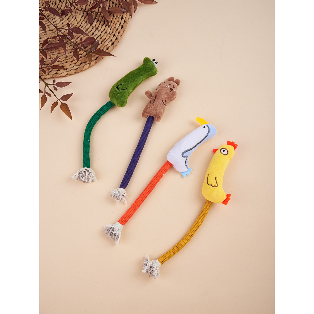 Four animal-character cat toys arranged on a neutral background