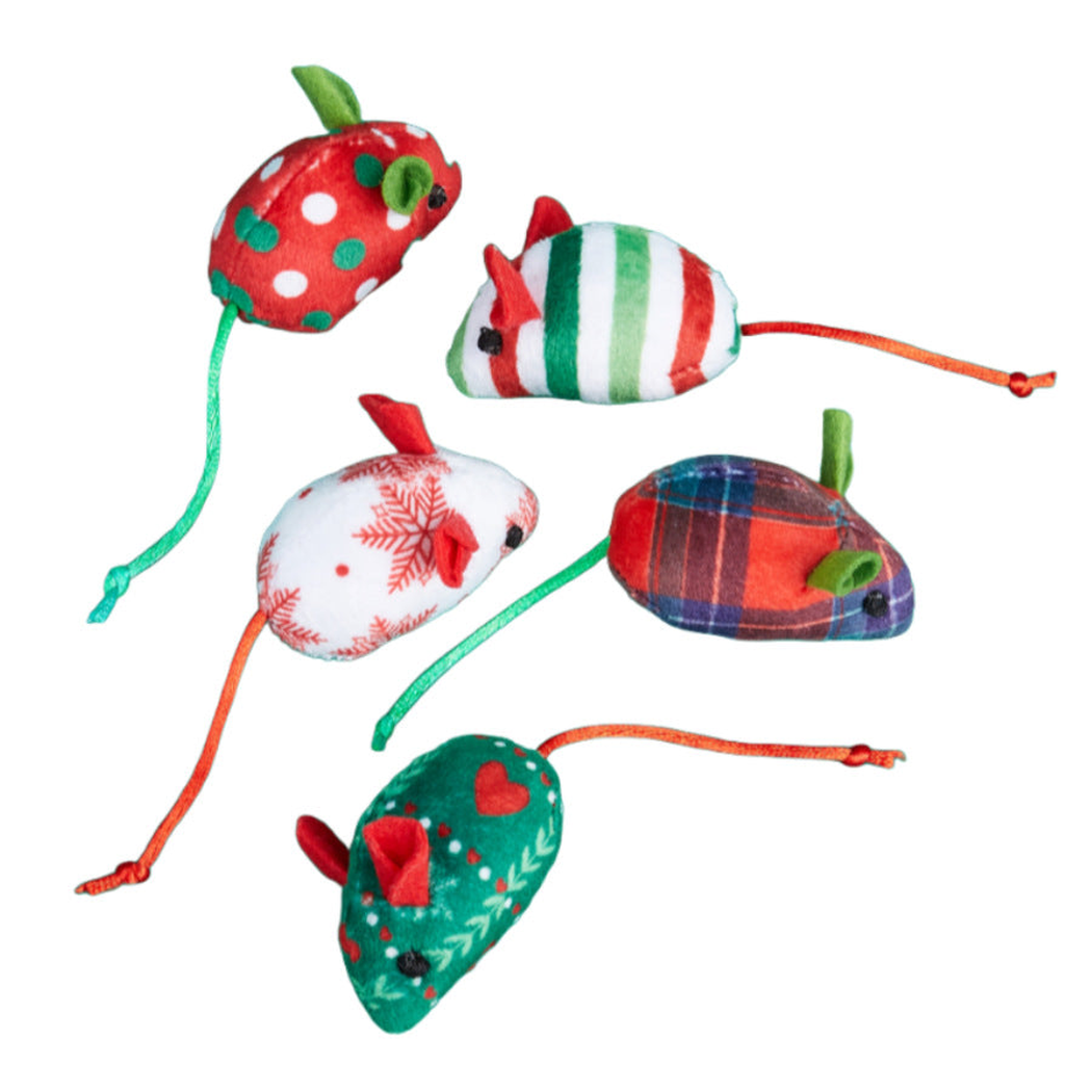 Five festive mouse-shaped cat toys in assorted patterns