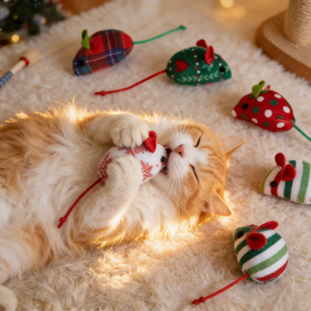 Cat holding a snowflake mouse-shaped toy among festive toy styles
