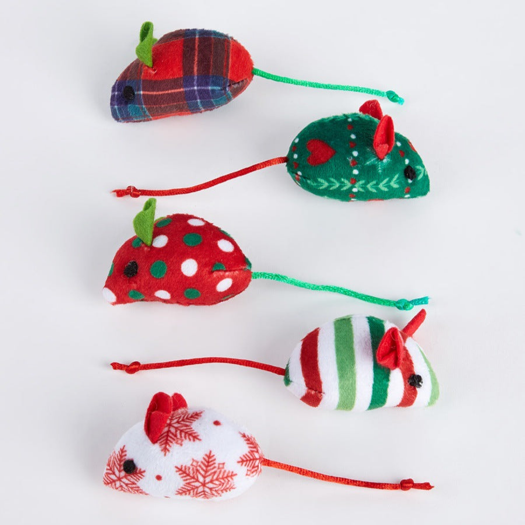 Five mouse-shaped cat toy styles displayed in rows with cord tails