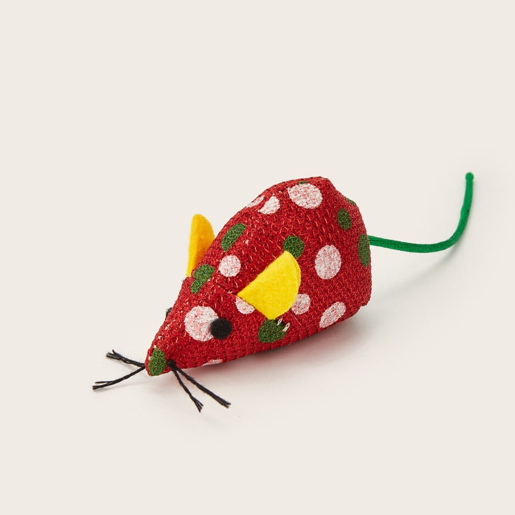 Yellow Polka mouse-shaped cat toy with green tail and black whiskers