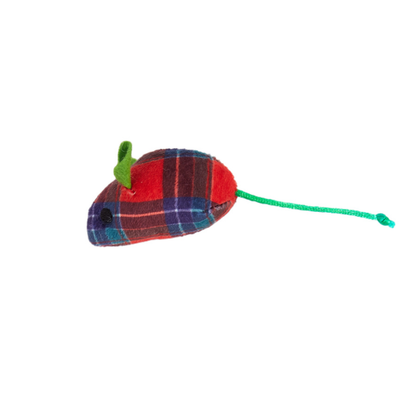 Plaid mouse-shaped cat toy with green ears and cord tail