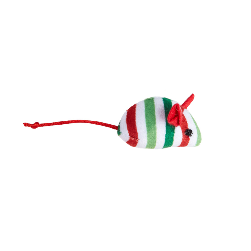 Striped mouse-shaped cat toy with red ears and cord tail