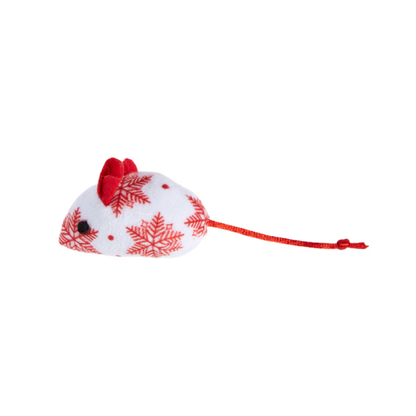 Snowflake mouse-shaped cat toy with red ears and cord tail