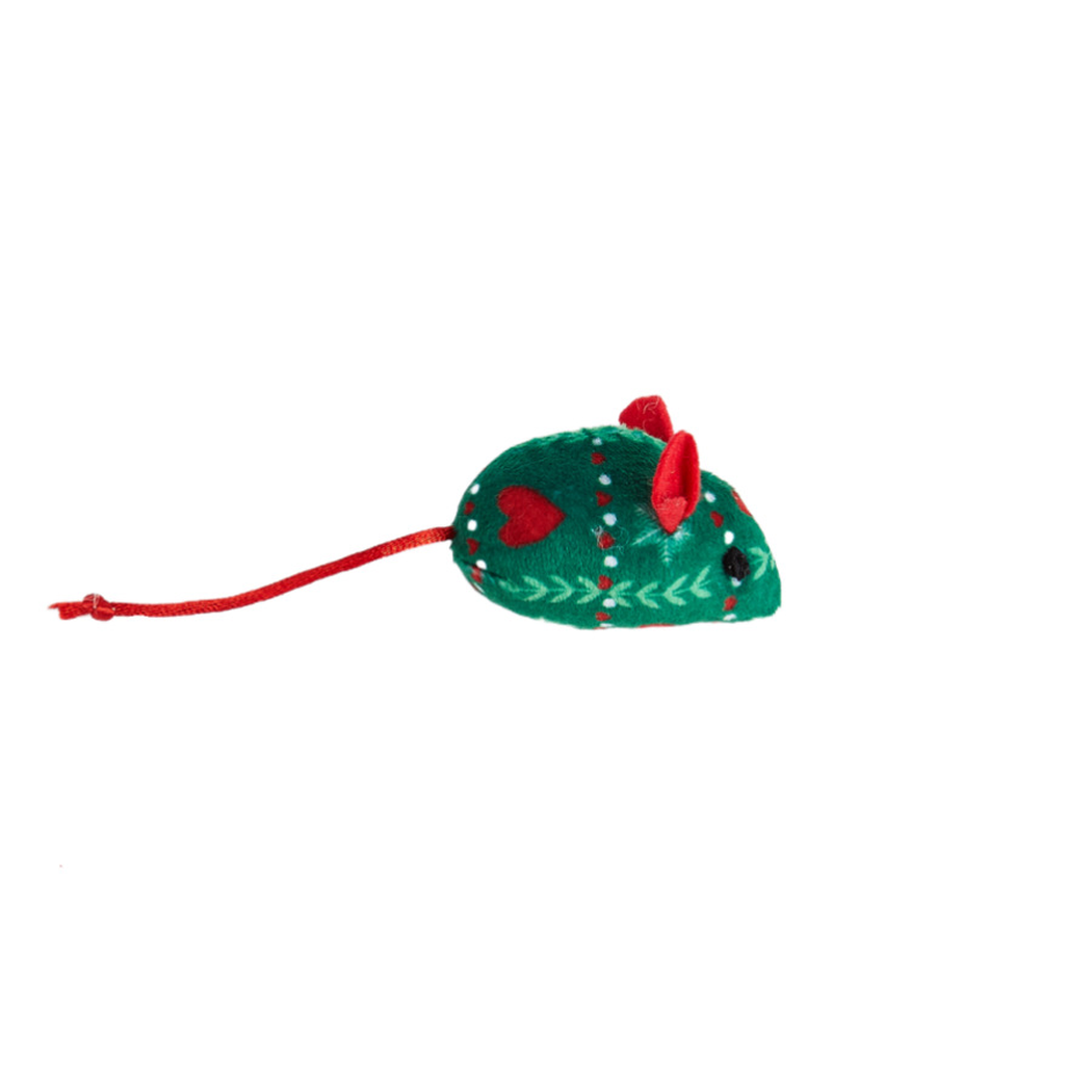Green Heart mouse-shaped cat toy with red ears and cord tail