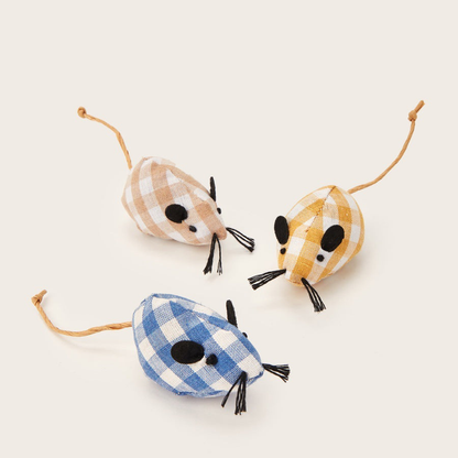 Blue, yellow, and beige gingham mouse-shaped cat toys