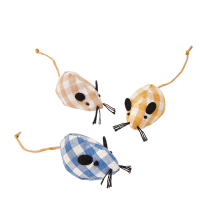 Blue, yellow, and beige gingham mouse-shaped cat toys on white