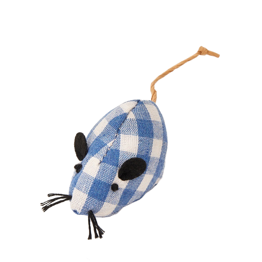 Blue gingham mouse-shaped cat toy with cord tail and thread whiskers