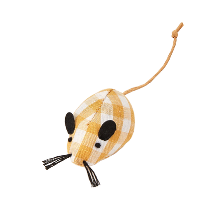 Yellow gingham mouse-shaped cat toy with cord tail and thread whiskers