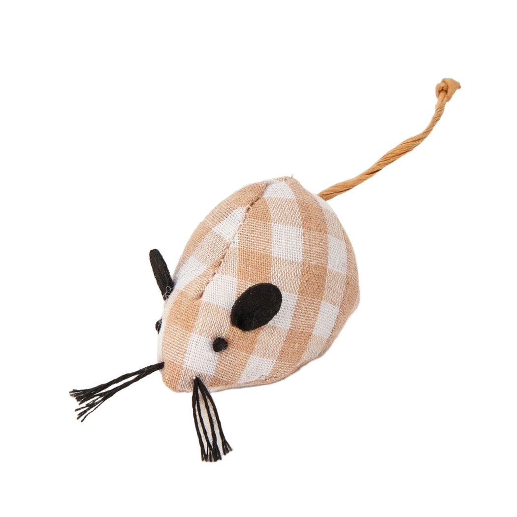 Beige gingham mouse-shaped cat toy with cord tail and thread whiskers