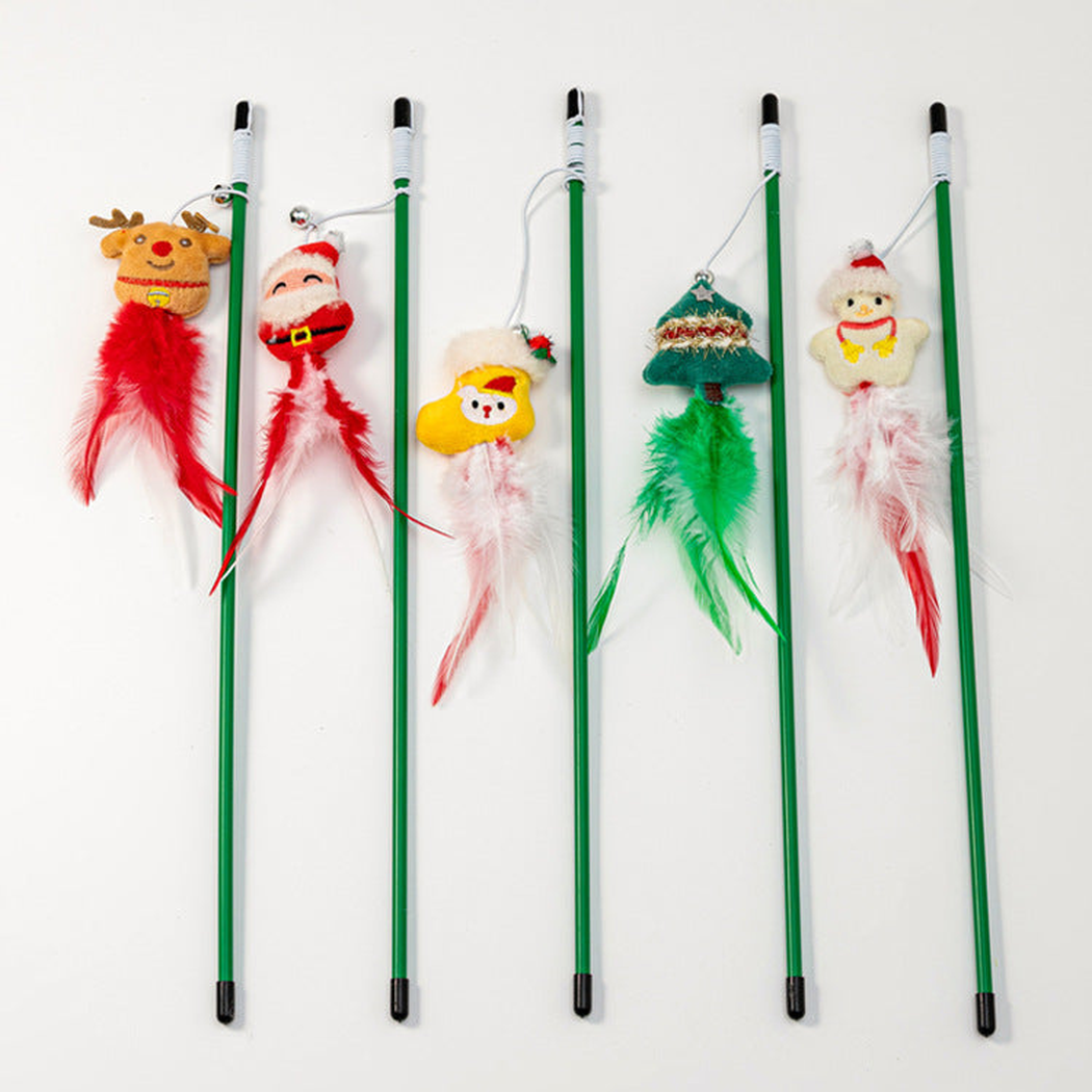 Five Christmas character cat teaser wands with bells and feather tails