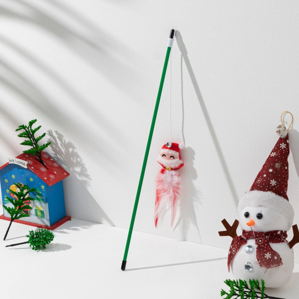 Smiling Santa character cat teaser wand with red and white feathers