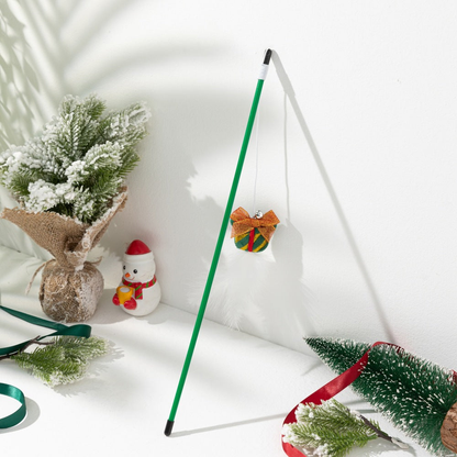 Striped Christmas gift cat teaser wand with a gold bow