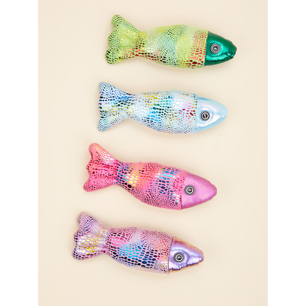 Green, light blue, fuchsia and light purple fish-shaped cat toys displayed together