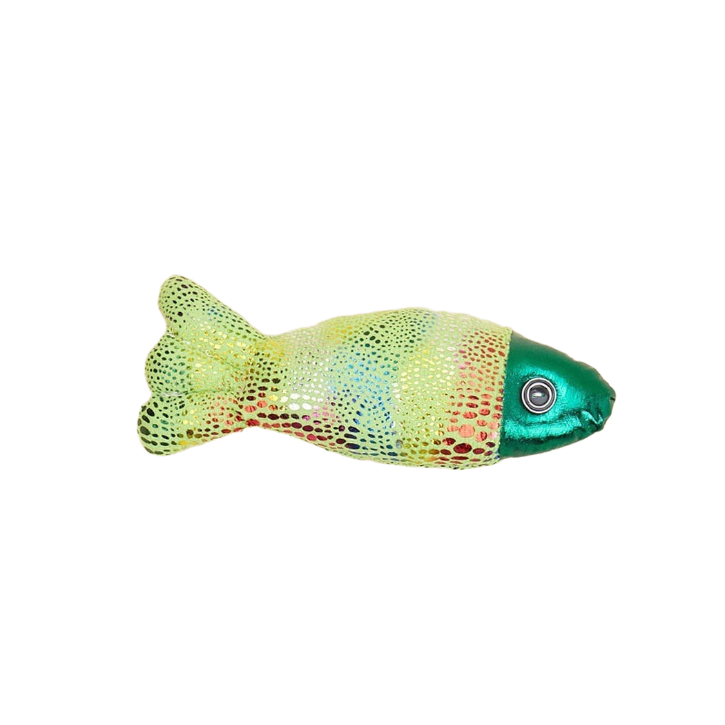Green fish-shaped cat toy with metallic multicolor dotted pattern