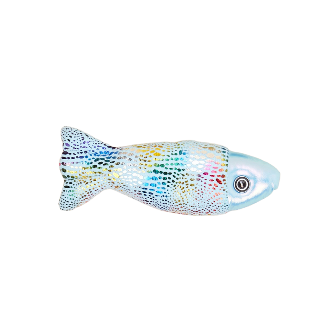 Light blue fish-shaped cat toy with metallic multicolor dotted pattern