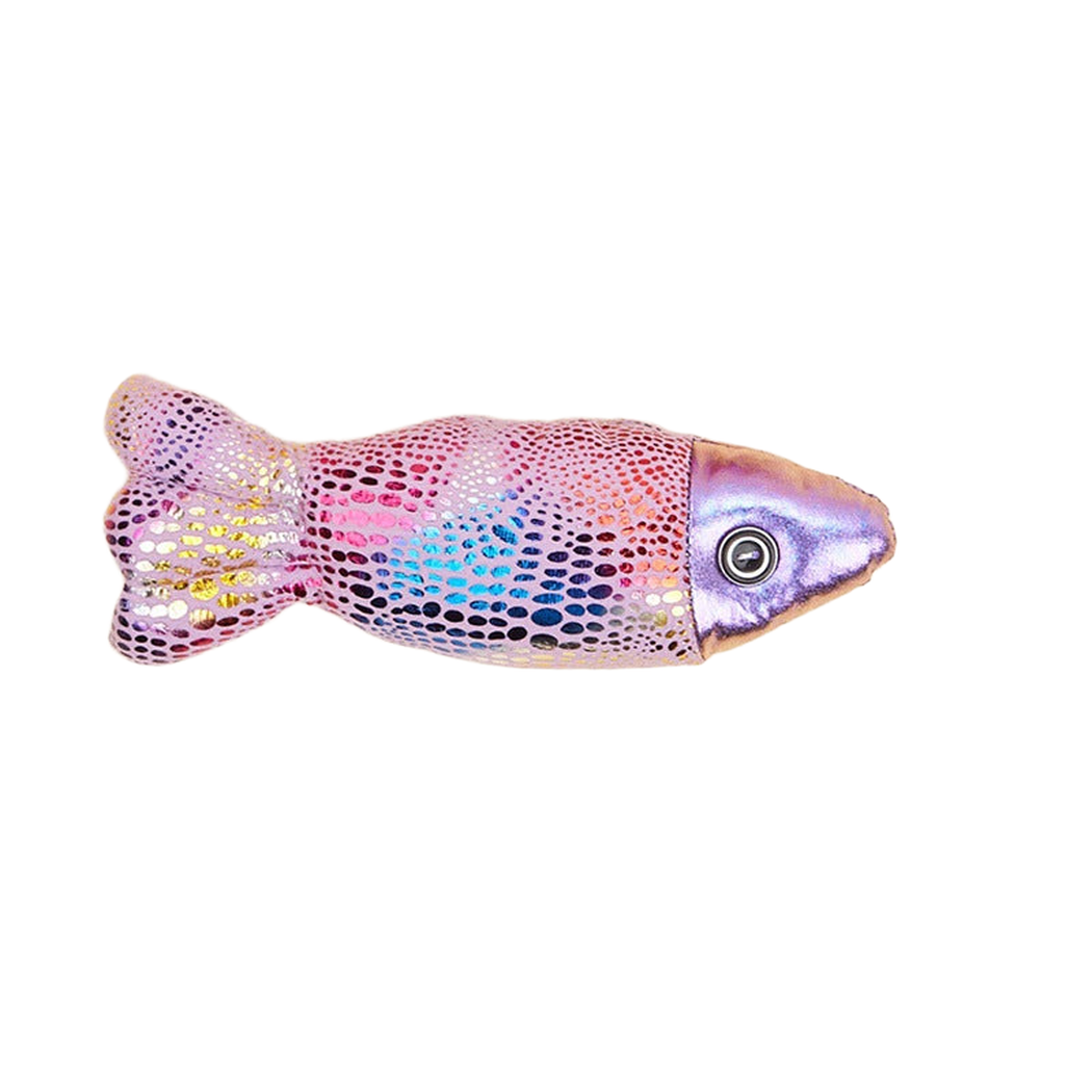 Light purple fish-shaped cat toy with metallic multicolor dotted pattern