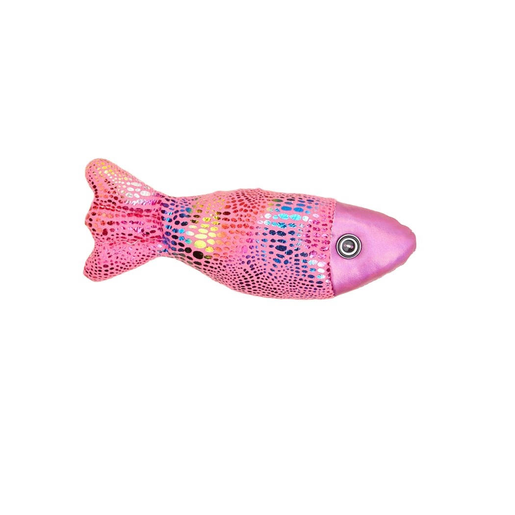 Fuchsia fish-shaped cat toy with metallic multicolor dotted pattern
