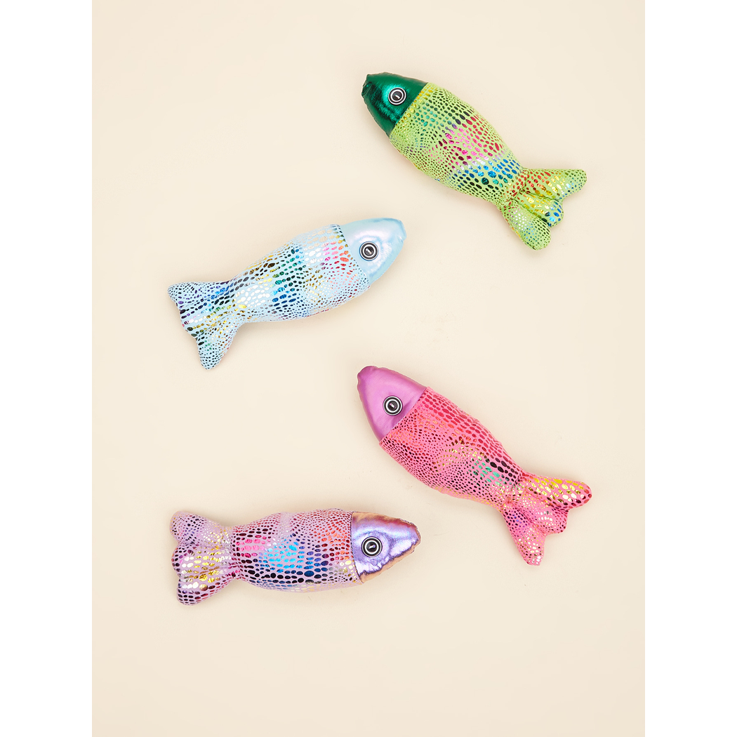 Four colorful fish-shaped cat toys arranged at alternating angles