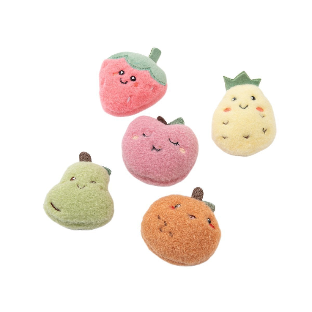 Five fuzzy fruit-shaped cat toys with stitched faces