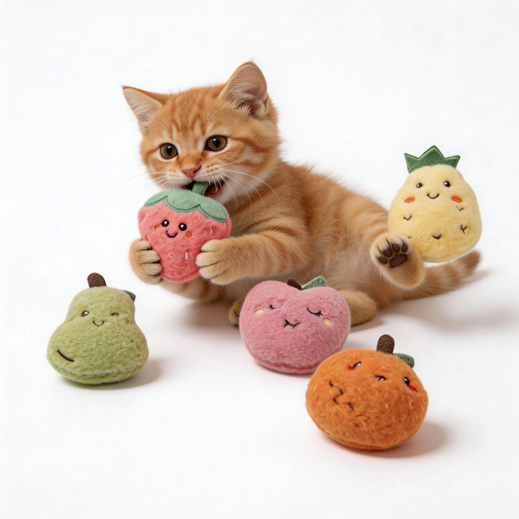 Orange tabby cat playing with five fuzzy fruit-shaped cat toys