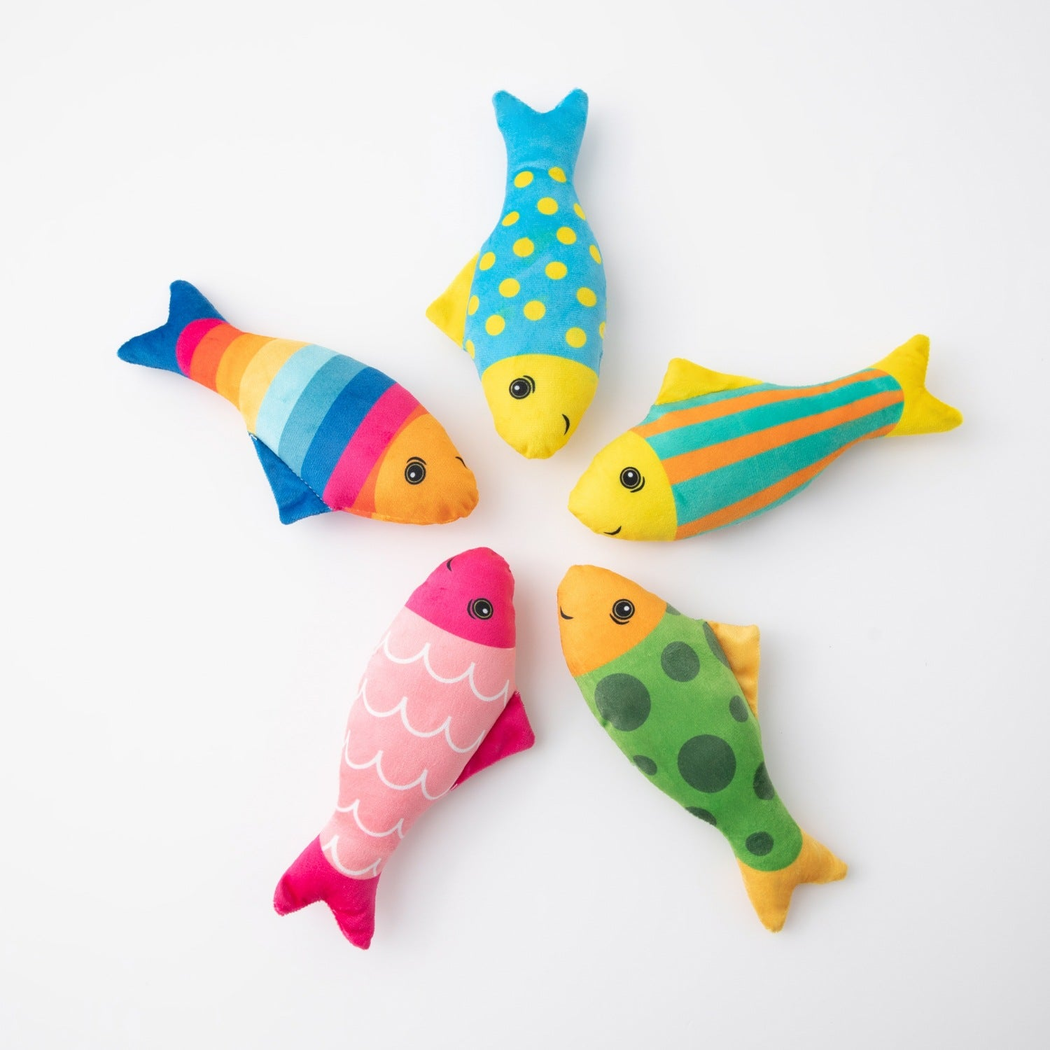 Five colorful fish-shaped cat toys displayed together