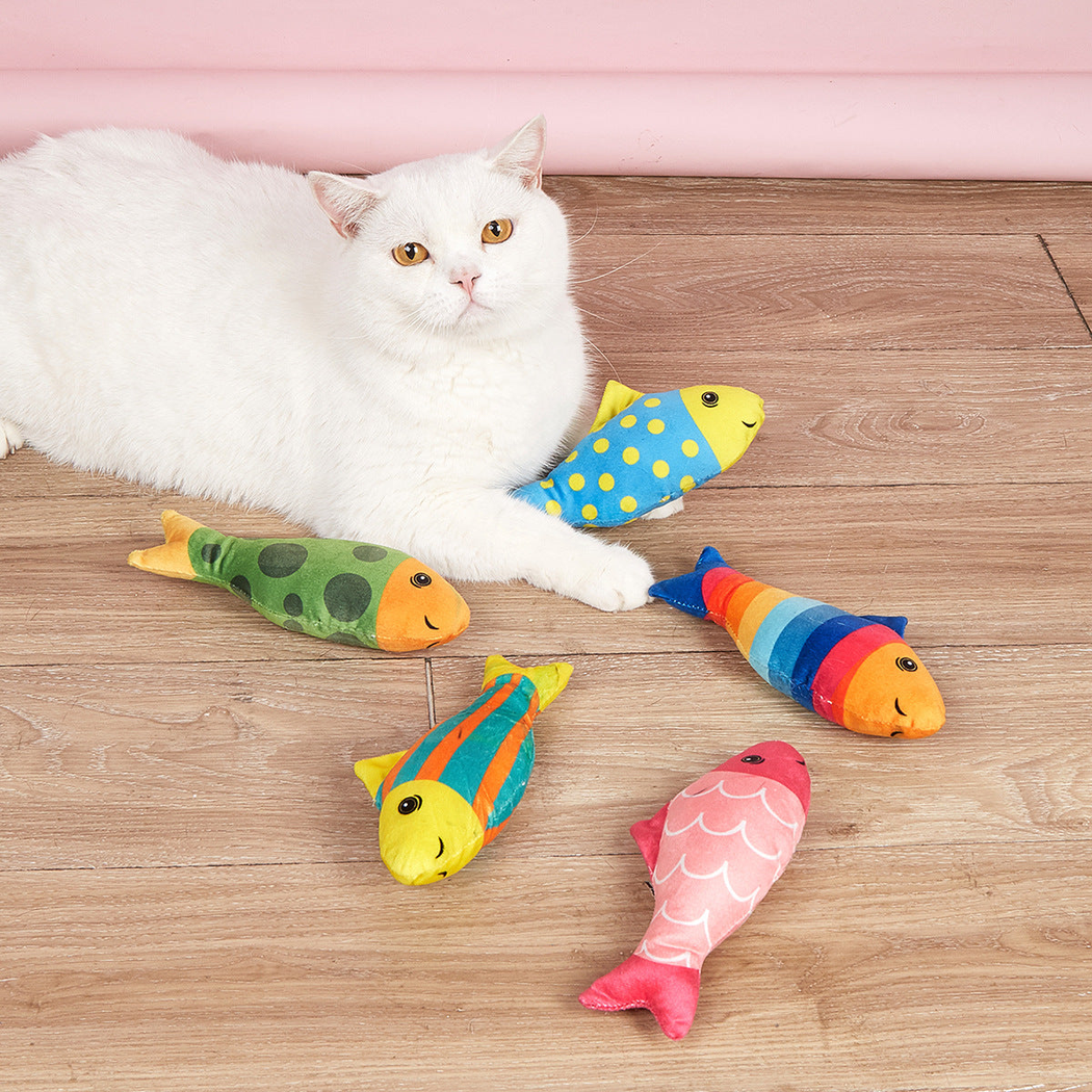 Five colorful fish-shaped cat toys arranged beside a white cat