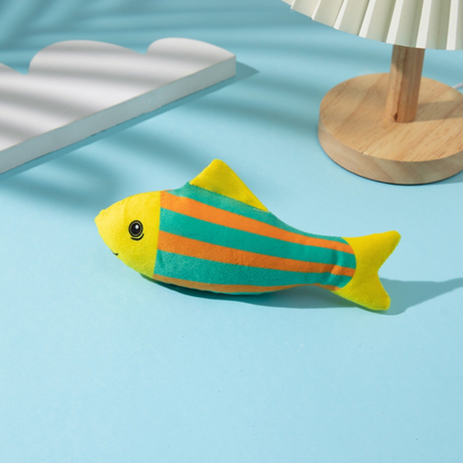 Stripes fish-shaped cat toy with orange and teal bands