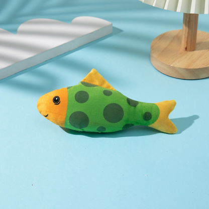 Green Dots fish-shaped cat toy with an orange head and tail
