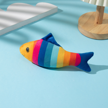 Rainbow fish-shaped cat toy with multicolor bands