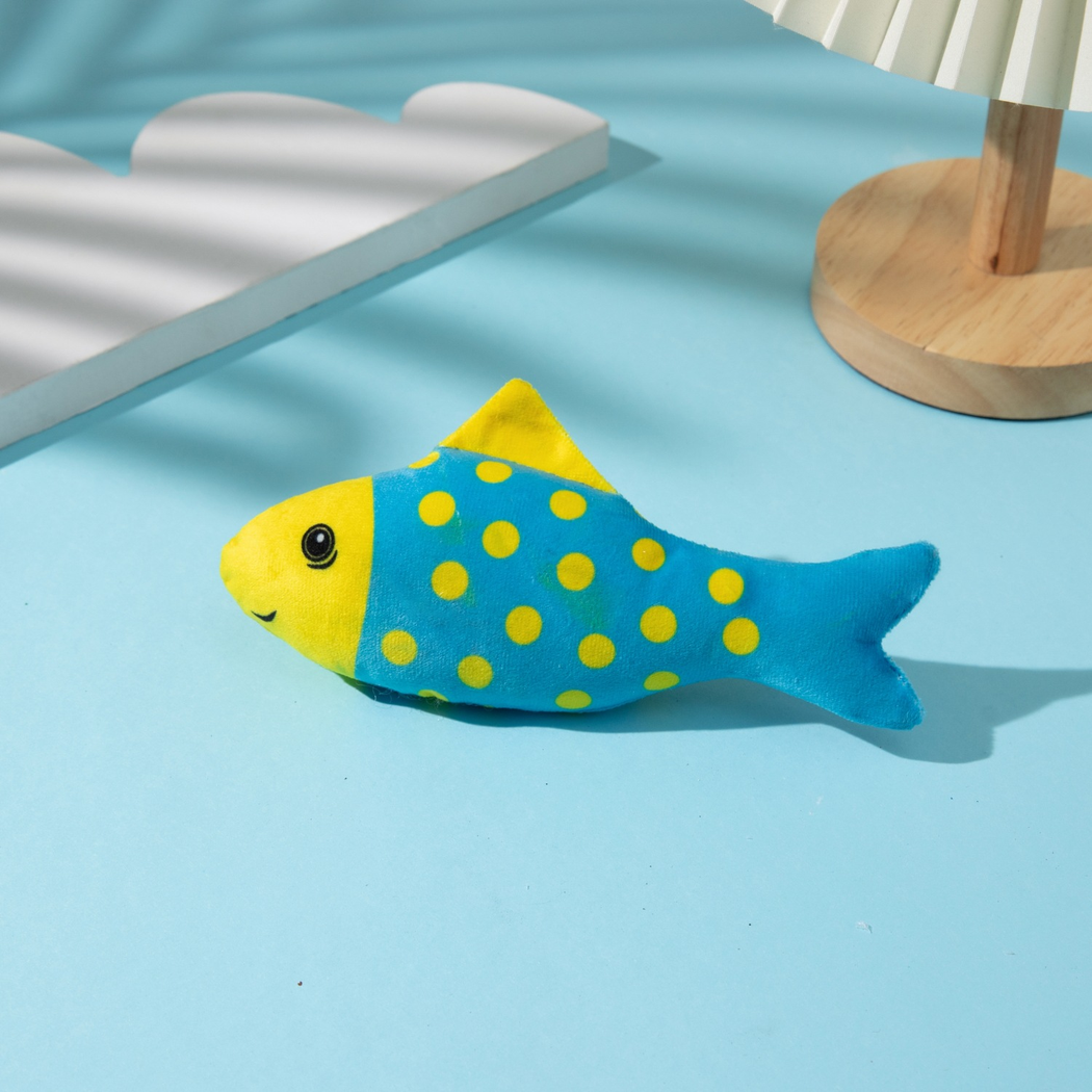 Yellow Dots fish-shaped cat toy in blue with yellow spots