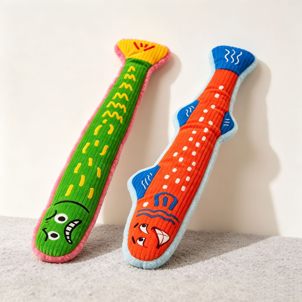 Green and Orange Red long fish-shaped cat toys displayed together