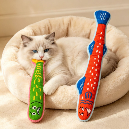 Cat biting the Green fish-shaped cat toy beside the Orange Red style