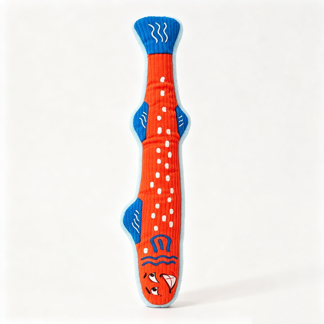 Orange Red fish-shaped cat toy with blue fins and cartoon face
