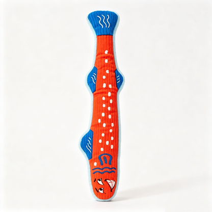 Orange Red fish-shaped cat toy with blue fins and cartoon face