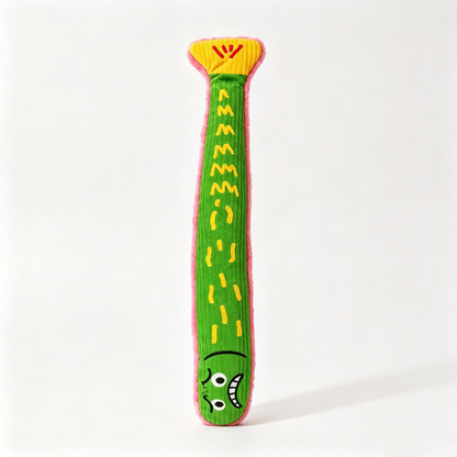 Green fish-shaped cat toy with yellow markings and cartoon face