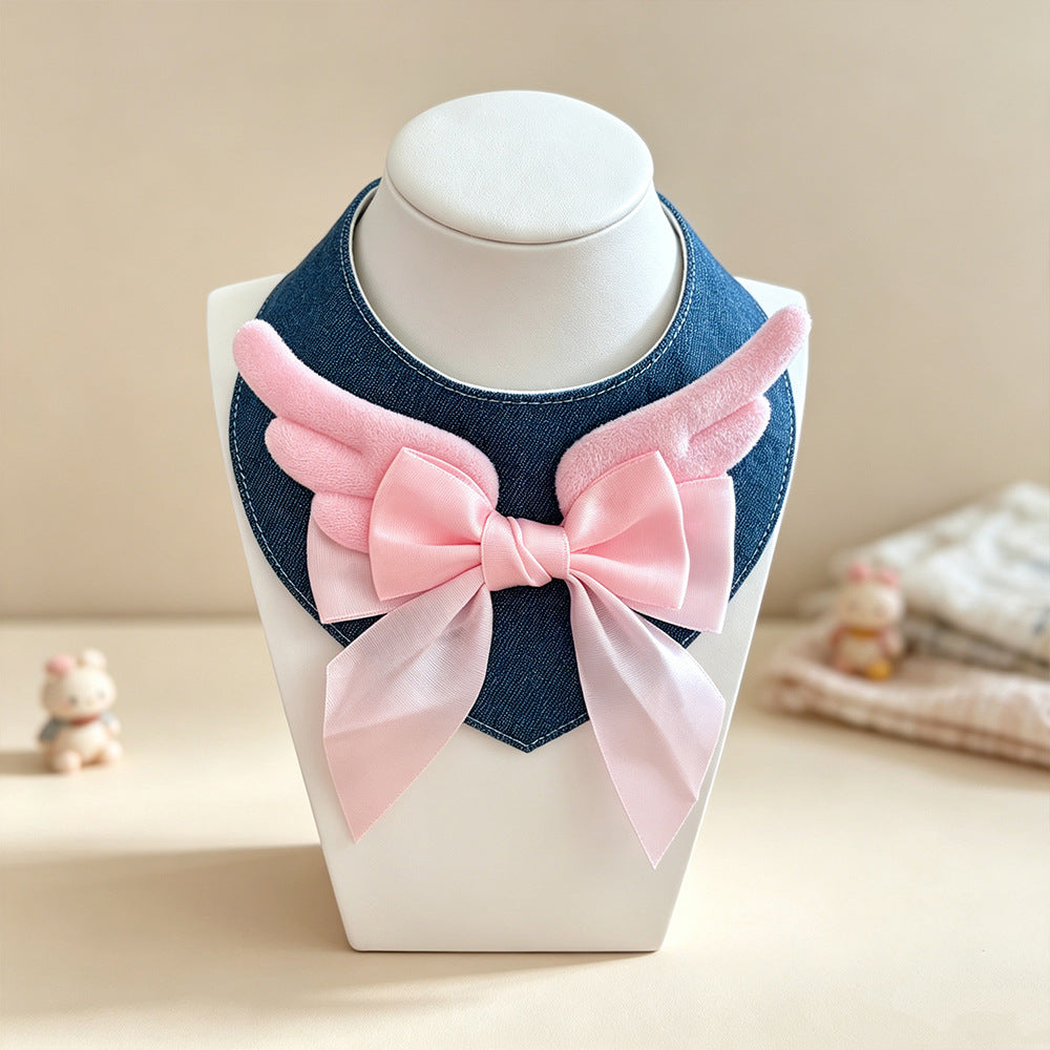 Blue cat neckwear with pink angel wings and bow, front display