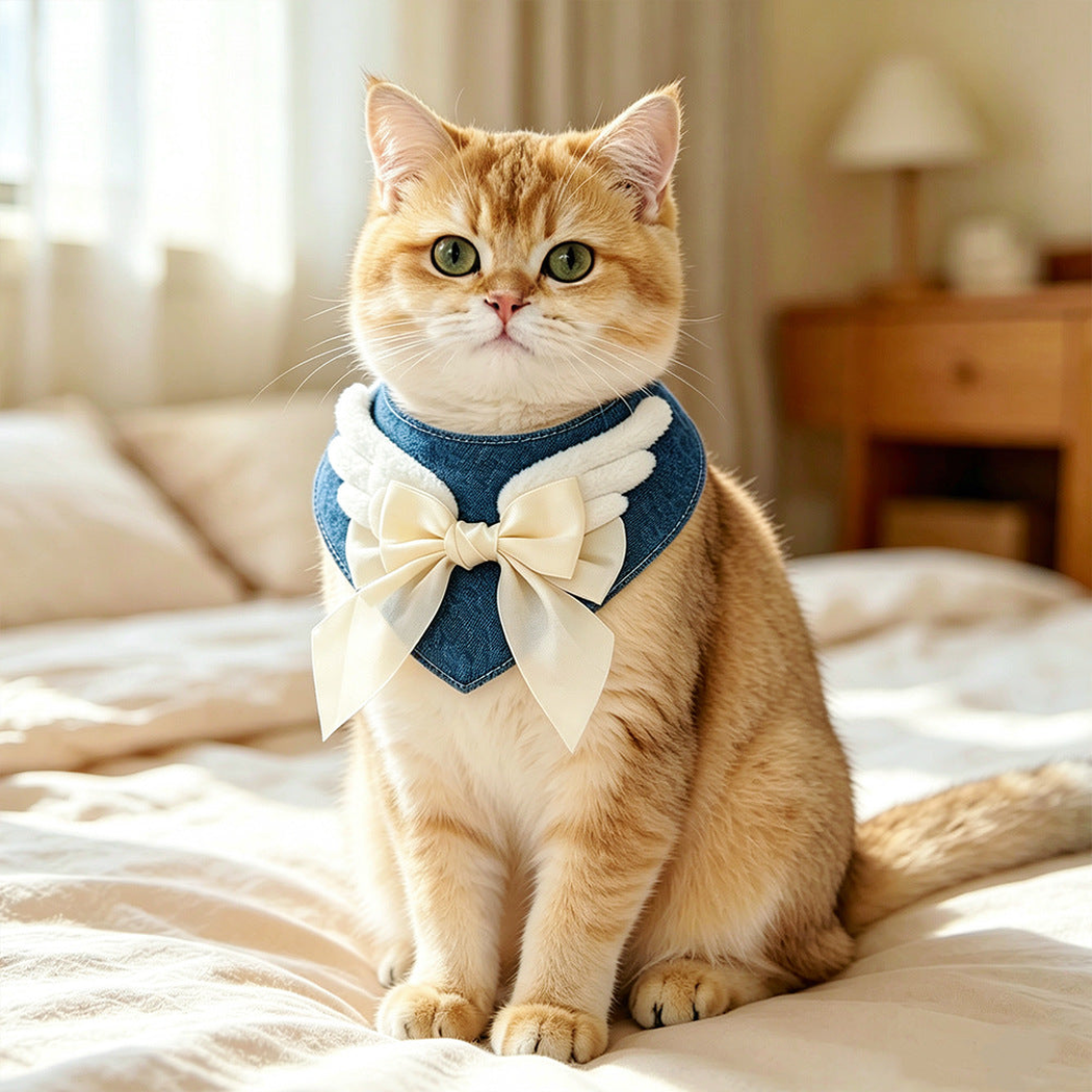 Cat wearing blue neckwear with ivory angel wings and bow