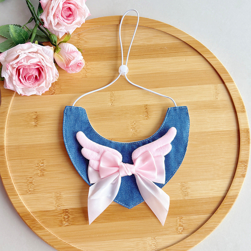 Pink angel-wing cat neckwear with bow and adjustable cord
