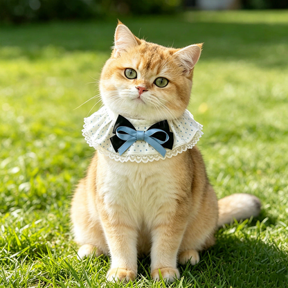 Light Blue polka-dot cat neckwear with layered bow worn by a cat outdoors