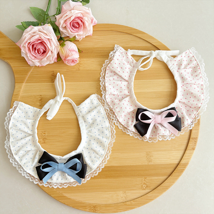 Light Pink and Light Blue polka-dot cat neckwear laid flat with scalloped trim