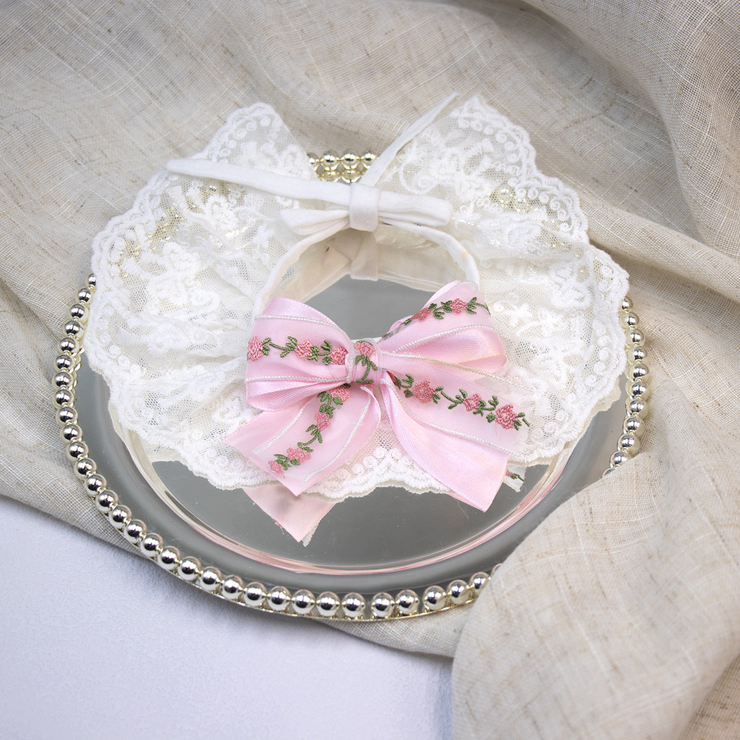 Pink floral-bow lace-look cat neckwear with scalloped edge and tie straps